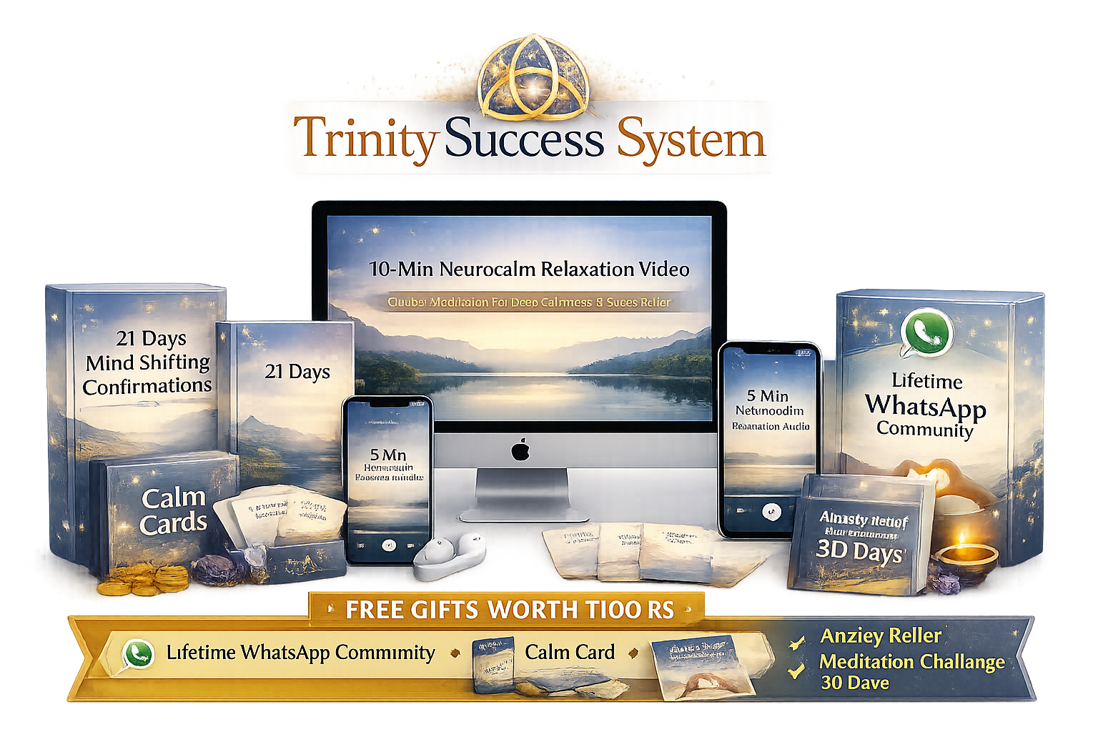 Trinity Success System bundle: 5-minute relationship healing audio, compatibility scorecard, 21 affirmations, calm cards and lifetime WhatsApp community