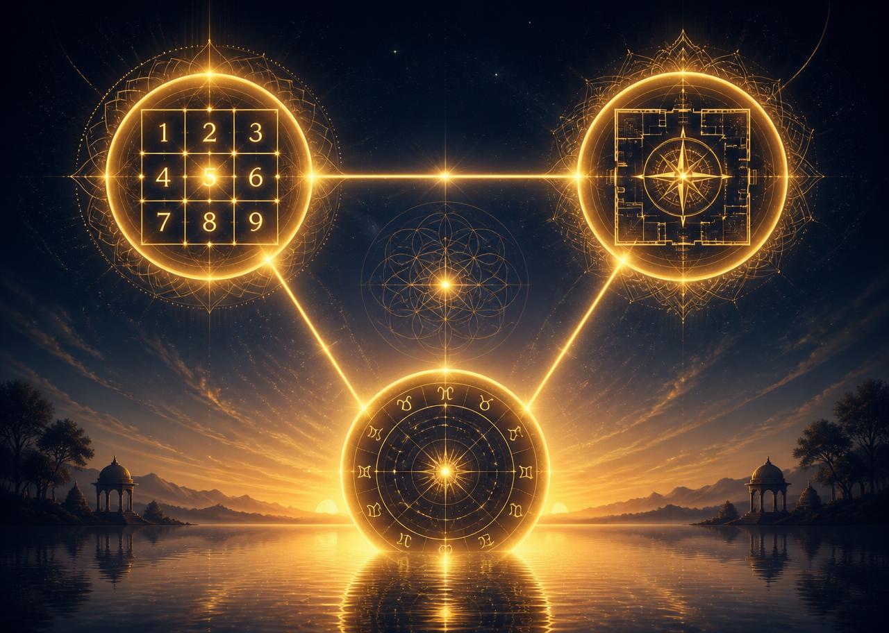 Numerology grid, vastu compass and astrology chart connected into one golden triangle